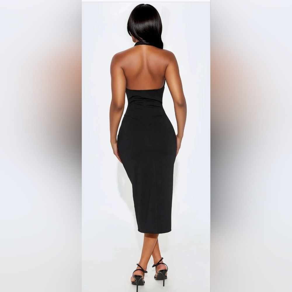 Fashion Nova Black Halter Midi Dress with Button Detail - Picture 2 of 3